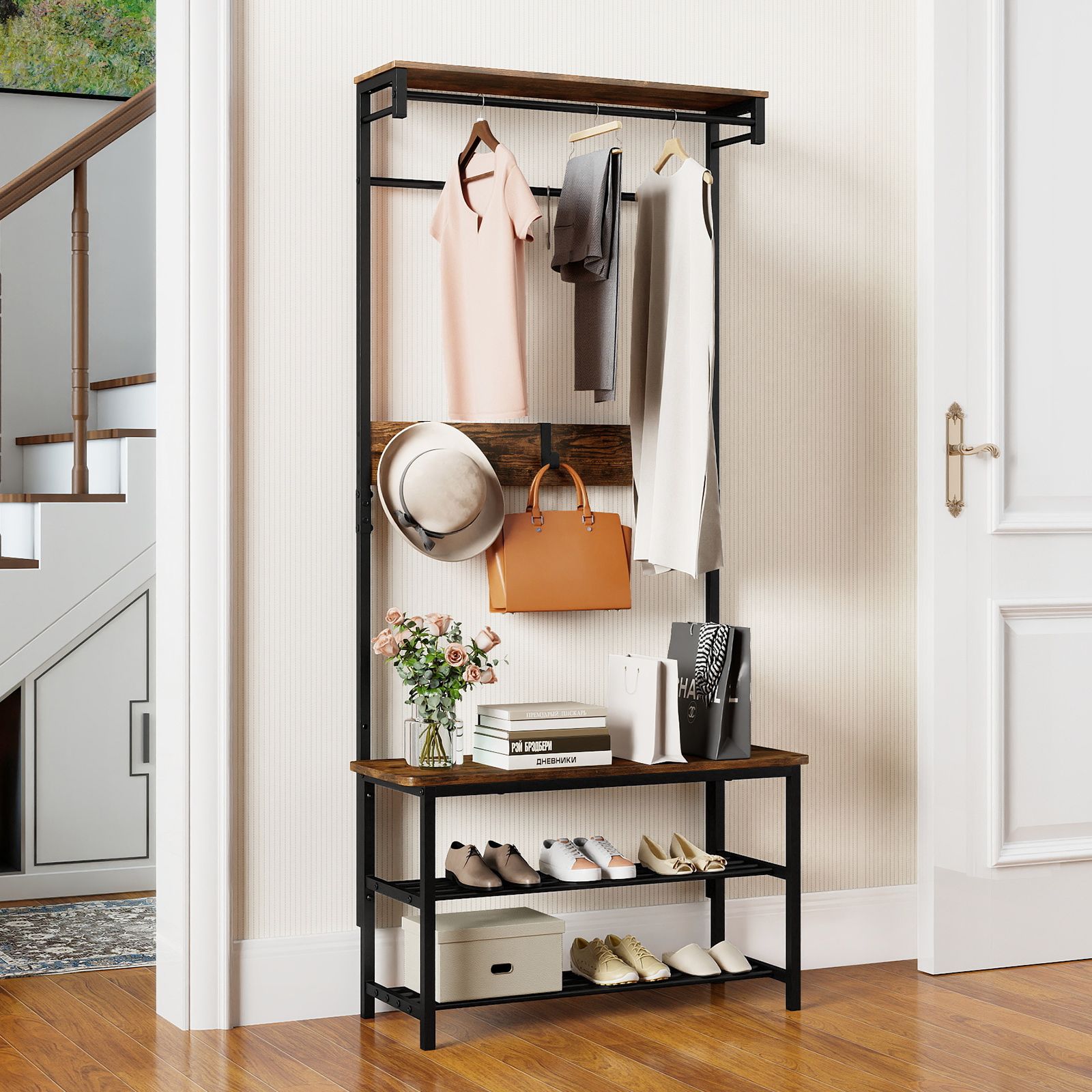 Hall Tree with Bench and Shoe Storage with Hanging Bars