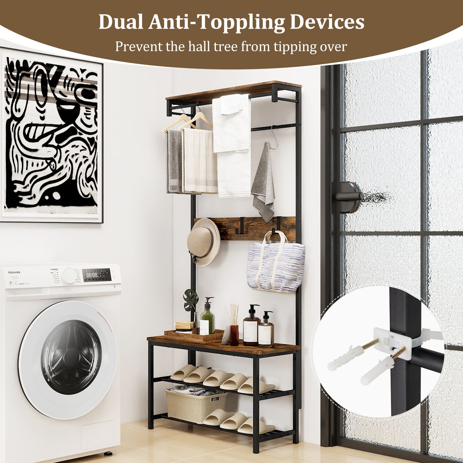 Hall Tree with Bench and Shoe Storage with Hanging Bars